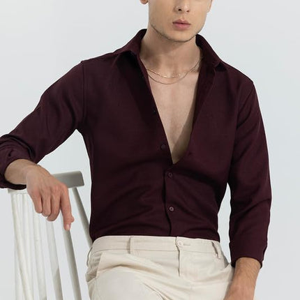 SNITCH crapepoly Maroon Spread Collar Solid Slim Fit Shirt 
