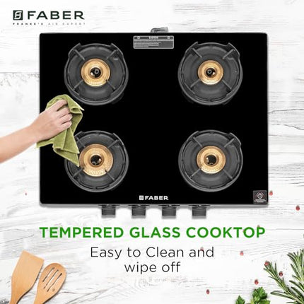 Faber 4 Burner Auto-Ignition Cooktop| ONYX AI 4BB BK |Black ABS Knobs| Brass Burners| Cast Iron Pan Support| Black Glass Finish |7 Yrs Warranty Glass & 5 Yrs on Burner & Valve | 2 Yrs Comprehensive 