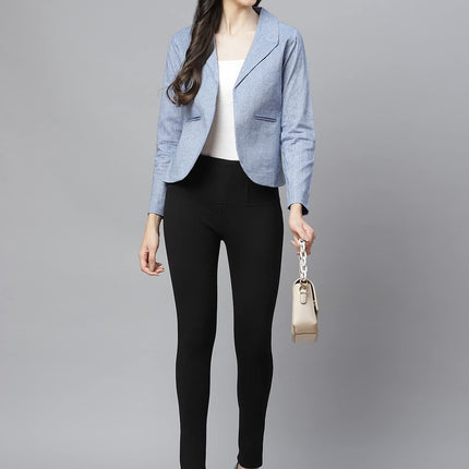 Women Blue Pure Cotton Blazer with Shawl Collar 