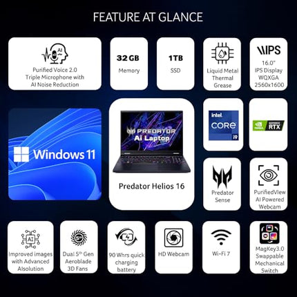 Acer Predator Helios 16 AI Gaming Laptop 14th Gen Intel Core i9 Processor (32 GB RAM/1 TB SSD/NVIDIA GeForce RTX 4080/240Hz/Wifi 7/Win11 Home) PH16-72 with 40.64 cm (16") WQXGA IPS Display, 2.65 KG 