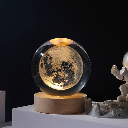 qbpatzwq 3D Galaxy Crystal Ball Night Light | Dimmable Engraved LED Glass Ball Table Lamp with USB and Wooden Base for Home Decor, Office, Birthday Gift & Kids Bedroom (Moon) 