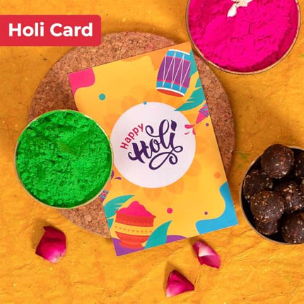 EAT BETTER CO - 6 Item Holi Gift Hamper with Gulaal, Chocolate Coated Nuts, Dry Fruit Laddoos & Chatpata Healthy Millet Namkeen 