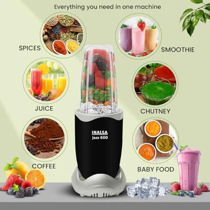 INALSA Blender Mixer Grinder|5 Jar & 600 W Copper Motor| Blenders for Smoothies and Juices| Smoothie Maker Blender|Nutri Blender |3 Blades Including Froth Blade|2Yr Warranty,Jazz 600 