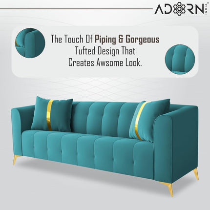 Adorn India Premium Mystic - 3 Years Warranty - 3 Seater Sofa Velvet Suede Fabric - Aqua Blue 