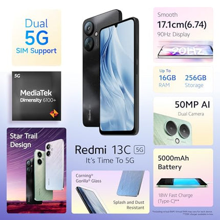 Redmi 13C 5G (Starlight Black, 4GB RAM, 128GB Storage) | MediaTek Dimensity 6100+ 5G | 90Hz Display 