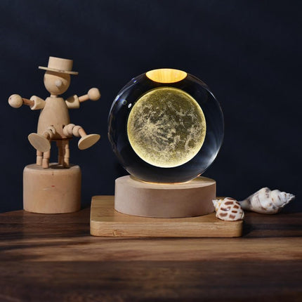 qbpatzwq 3D Galaxy Crystal Ball Night Light | Dimmable Engraved LED Glass Ball Table Lamp with USB and Wooden Base for Home Decor, Office, Birthday Gift & Kids Bedroom (Moon) 