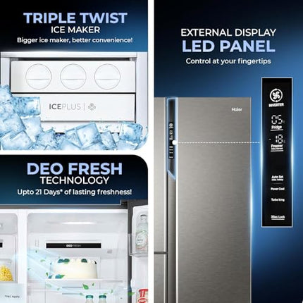 Haier SmartChoice 598L 3 Star 3-Door Side by Side Frost Free Refrigerator|Convertible|Smart Sense AI|Expert Inverter Compressor|Digital Display Panel (2025 Model, HRT-683ISU1, Inox Steel) 