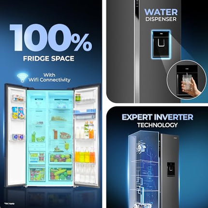 Haier SmartChoice 596L 3Star 2-Door Water Dispenser Side by Side Frost Free Refrigerator|Convertible|Smart Sense AI | Expert Inverter|Digital Display Panel (2025 Model, HRS-682WGKU1, Graphite Black) 
