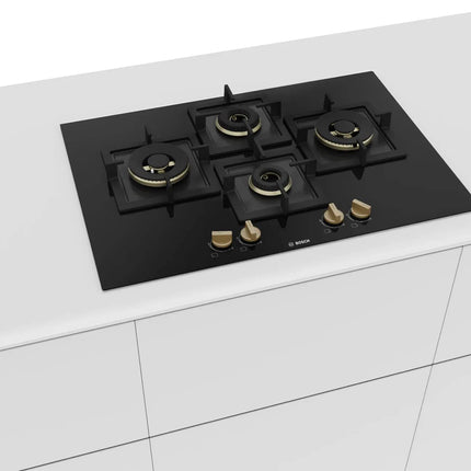 Bosch Built in Gas Hob Black Tempered glass Glass 4 Burner Auto Ignition 75 cm True Brass 2D Ring Burners with Matt Black Heat Shields & Cast Iron pan supports (PNI7B6F20I) 