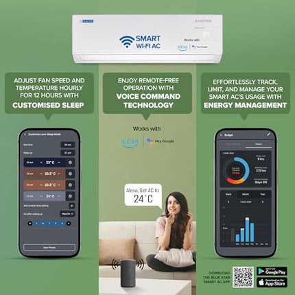 Blue Star 1 Ton 3 Star, 60 Months Warranty, Wi-Fi Smart Inverter Split AC (Copper, Convertible 5 in 1 Cooling, Voice Command, Multi Sensors, Blue Fins, Self Diagnosis, IE312YNUS, White) 