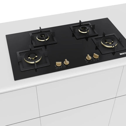 Bosch Built in Gas Hob Black Tempered glass Glass 4 Burner Auto Ignition 90 cm Full Brass 3D Ring Burners with Matt Black Heat Shields & Cast Iron pan supports (PNF9B6G20I) 
