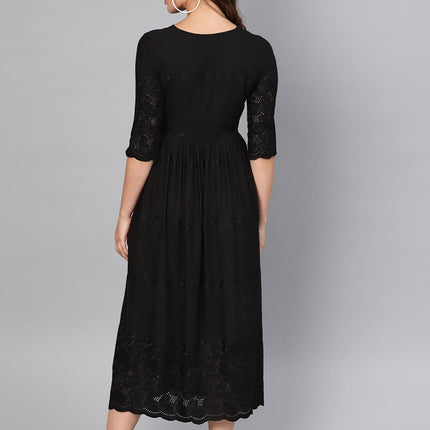 Libas Women's Viscose Rayon A-Line Long Casual Dress (8404MJ_Black 
