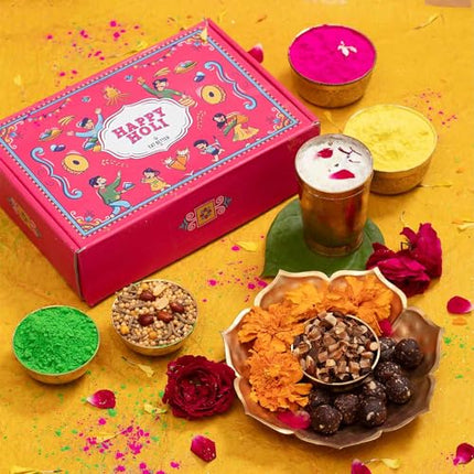 EAT BETTER CO - 6 Item Holi Gift Hamper with Gulaal, Chocolate Coated Nuts, Dry Fruit Laddoos & Chatpata Healthy Millet Namkeen 