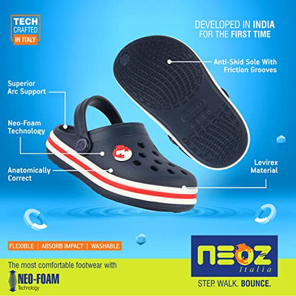 Neoz Casual Slingback Clogs for Kids with Soft Sole | Slip-On Breathable, Lightweight | Comfortable & Durable | Stylish Indoor & Outdoor Sandals Clogs for Kids, K-BEACH-NAVY-RED_5 