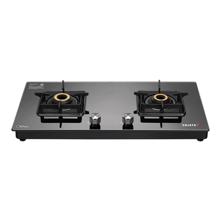 Sujata Premium Gas Stove | 9 Years Warranty | 2 burner gas stove, 2 Burner Gas Stove Glass Top, SABAF, ISI Certified, LPG & PNG Compatible, 360° Rotating Brass Gas Nozzle, Brass Burner (Black) 