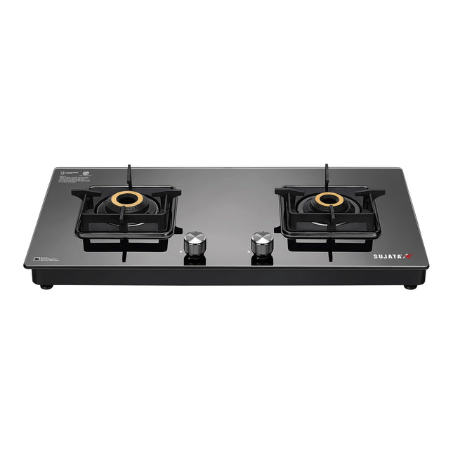 Sujata Premium Gas Stove | 9 Years Warranty | 2 burner gas stove, 2 Burner Gas Stove Glass Top, SABAF, ISI Certified, LPG & PNG Compatible, 360° Rotating Brass Gas Nozzle, Brass Burner (Black) 