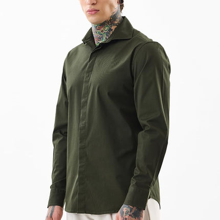 SNITCH Men's Casual Shirt | Slim Fit Full Sleeve Classic Collar Solid Pattern | Premium Cotton Blend & Breathable Fabric for Everyday & Semi-Formal Wear | Dark Green 