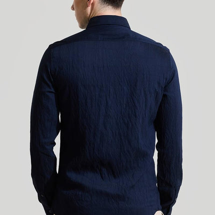 Snitch Men Cotton Blend Slim Fit Navy Casual Textured Shirts, 2XL 