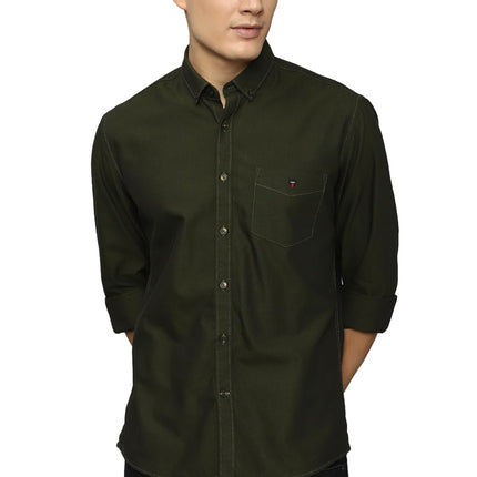 Louis Philippe Men's Solid Slim Fit Shirt (LYSFCSLB081696_Olive 