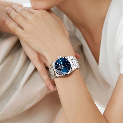 BINBOND Women's Watches Blue Dial with Date Stylish Dress Stainless Steel Analog Quartz Luxury Elegant Ladies Wrist Watch for Girls&Miss Waterproof Luminous 