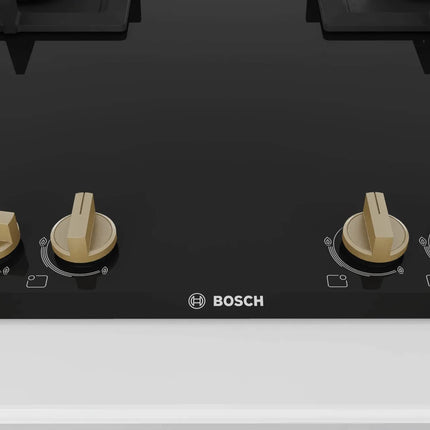 Bosch Built in Gas Hob Black Tempered glass Glass 4 Burner Auto Ignition 90 cm True Brass 2D Ring Burners with Matt Black Heat Shields & Cast Iron pan supports (PNF9B6F20I) 