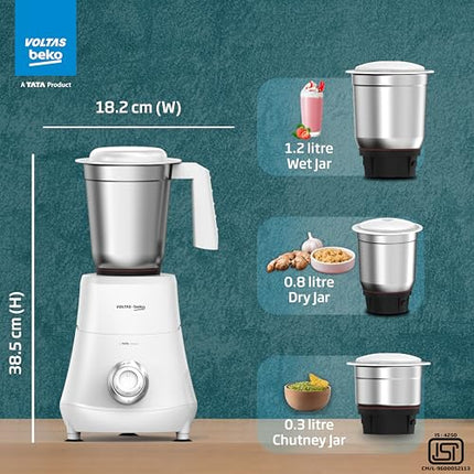 Voltas Beko, A Tata Product Powerfull 500 W Mixer Grinder with GrindX Technology (G5003HP-WH | 3 Jars | White) 