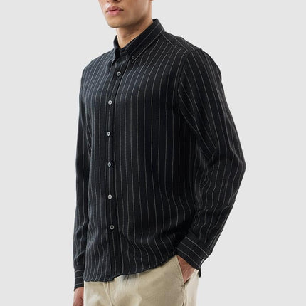 SNITCH Mens Black Button Down Collared Full Sleeve Curve Hem Cotton Casual Light Weight Stripes Slim Fit Shirt 