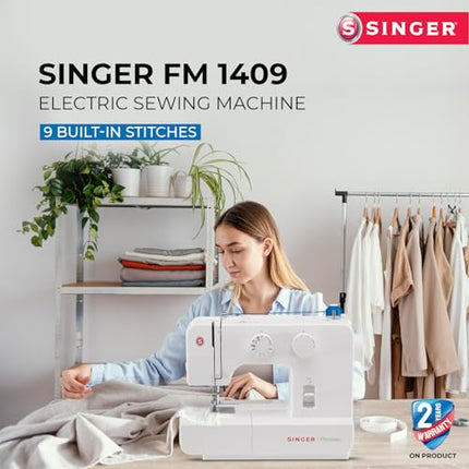 Singer 1409 Electric Sewing Machine -Built-in Stitches 9 and 22 stitch functions with 70wt Powerful motor & Feed dog with106 Teeth in 6 Rows (White) – Get Free Online Interactive Master Class 