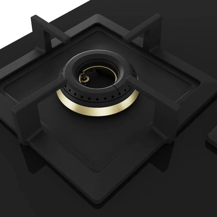 Bosch Built in Gas Hob Black Tempered glass Glass 4 Burner Auto Ignition 90 cm True Brass 2D Ring Burners with Matt Black Heat Shields & Cast Iron pan supports (PNF9B6F20I) 