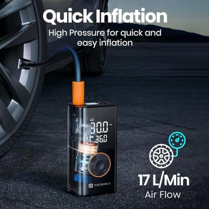 Portronics Vayu 3.0 tyre Inflator with 150 PSI Pressure, 4000 mAh Battery, Digital Display, Pressure Detection, Air Pump Compressor for Cars, Bikes, Bicycles & Balls(Black) 