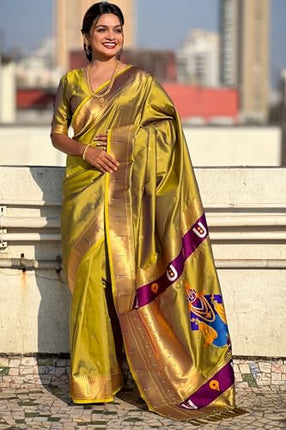 SGF11 Women's Kanjivaram Paithani Soft Silk Saree With Unstitched Blouse Piece (Mahendi Green) 