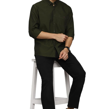 Louis Philippe Men's Solid Slim Fit Shirt (LYSFCSLB081696_Olive 