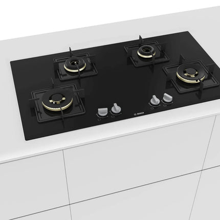 Bosch Built in Gas Hob Black Tempered glass Glass 4 Burner Auto Ignition 90 cm True Brass 2D Ring Burners with Glossy Black Heat Shields & Enameld pan supports (PNF9B6F10I) 