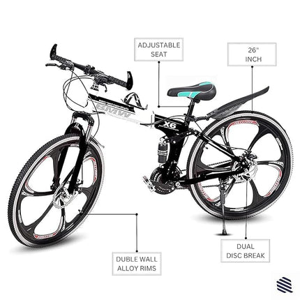 Amaze Kai Dual Suspension Bikes Latest Bmv Foldable Gear Cycle for Men with 21 Speed Gear 6 Spoke | Folding Mountain Bike with Double Disc Break & Mac Wheel, 26 Inch, (Black) 