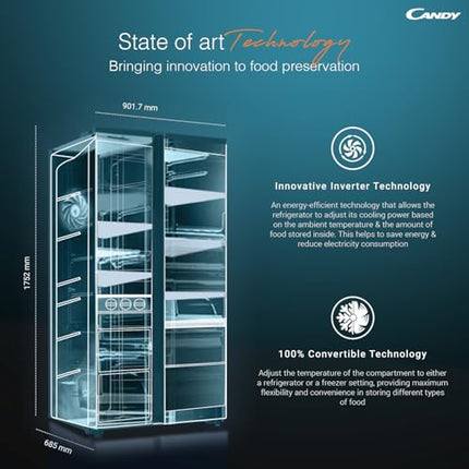 Candy 602 L Frost Free Side by Side Refrigerator with 100% Convertible Technology, Digital Control Panel and Magic Convertible Cooling 2-door (Shiny Steel, CSS6600TS) 