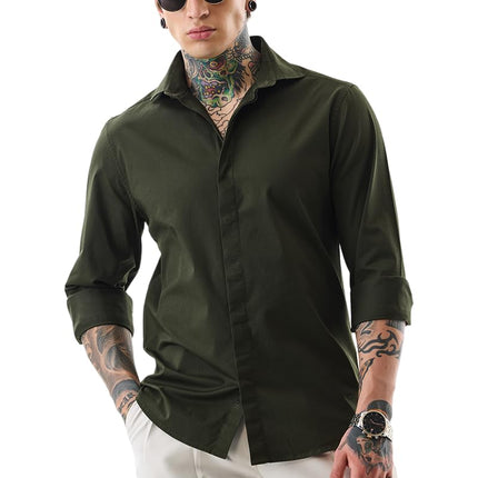 SNITCH Men's Casual Shirt | Slim Fit Full Sleeve Classic Collar Solid Pattern | Premium Cotton Blend & Breathable Fabric for Everyday & Semi-Formal Wear | Dark Green 