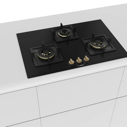 Bosch Built in Gas Hob Black Tempered glass Glass 3 Burner Auto Ignition 75 cm True Brass 2D Ring Burners with Matt Black Heat Shields & Cast Iron pan supports (PND7B6F20I) 