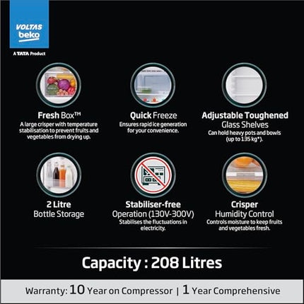 Voltas Beko, A Tata Product 208 L 5 Star Direct Cool Single Door Refrigerator (RDC240A/W0BBRTM0B00GO, Bonita Blue, With Fresh Box Technology, Quick Frezze, Chiller Zone and Base Drawer) 