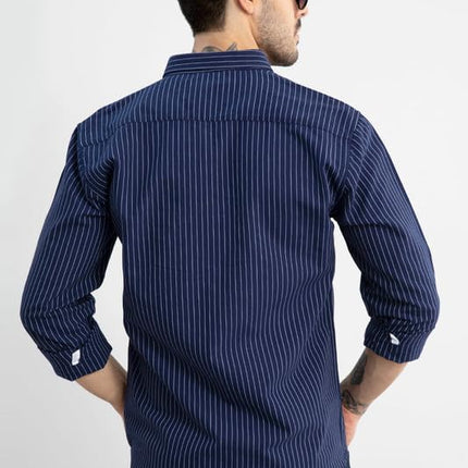 SNITCH Lining Navy Spread Collar Stripe Slim Fit Shirt 