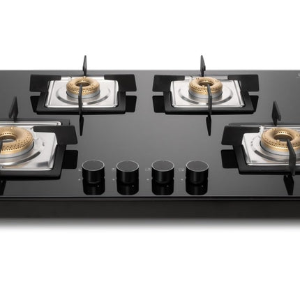 Glen 4 Burner Ultra Slim Auto Ignition Premium Gas Stove | 8 MM Toughened Glass Top | Black | Forged Brass Burners | Warranty 2 Years Standard (BH1074USBL75_1) 