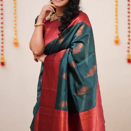 SGF11 Women's Kanjivaram Soft Lichi Silk Saree With Blouse Piece (Rama Green) 