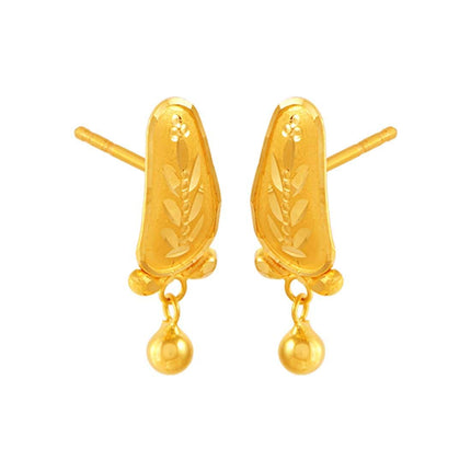 P.C. Chandra Jewellers 22KT (916) Yellow Gold Dangle Stud Earrings For Women & Girls With Fine Leaf Engraving And Ball Drop - 0.98 Grams 