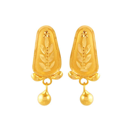 P.C. Chandra Jewellers 22KT (916) Yellow Gold Dangle Stud Earrings For Women & Girls With Fine Leaf Engraving And Ball Drop - 0.98 Grams 