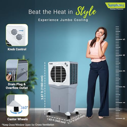 Symphony Jumbo 95XL+ Desert Air Cooler for Home with Honeycomb Pads, Powerful Fan, and Cool Flow Dispenser (95L, White) 