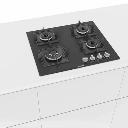 Bosch Built in Gas Hob Black Tempered glass Glass 4 Burner Auto Ignition 60 cm Italian Double Ring Burners (PNH6B6B12I) 