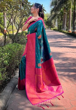 SGF11 Women's Kanjivaram Paithani soft silk Sarees With Unstitched Blouse Piece (Rama Green) 