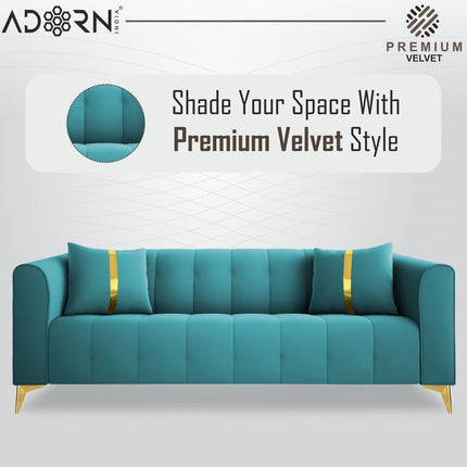 Adorn India Premium Mystic - 3 Years Warranty - 3 Seater Sofa Velvet Suede Fabric - Aqua Blue 