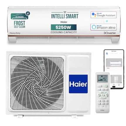 Haier 1.5 Ton 4 Star Triple Inverter Smart Split AC (5250 Watts, Copper, Wi-Fi, 4-Way Swing, 7 in 1 Convertible, Frost Self Clean, HD Filter, Cools at 60°C - HSU18K-PYFR4BN-INV, White) 