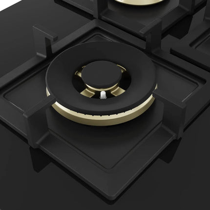 Bosch Built in Gas Hob Black Tempered glass Glass 4 Burner Auto Ignition 75 cm True Brass 2D Ring Burners with Matt Black Heat Shields & Cast Iron pan supports (PNI7B6F20I) 