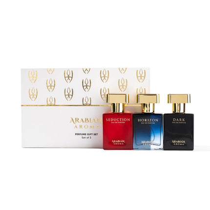 Arabian Aroma Luxury Unisex Perfume Gift Set | Exotic Long Lasting Perfume for Men & Women | Eau De Parfum | Perfume Set for Couple Gift Pack | Seduction, Horizon & Dark (30ml) 